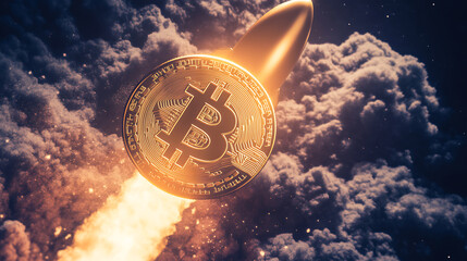 Poster - Surreal bitcoin rocket flying to the moon cryptocurrency investment concept illustration