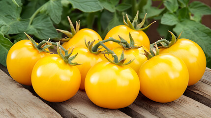 Poster - Ripe yellow cherry tomato in garden, copy space