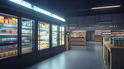 Aufkleber - Refrigerated frozen food section with illuminated glass door displays in modern supermarket interior 3d illustration