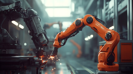 Leinwandbilder - Robotic arms welding in hightech automotive factory blurred motion digital ai concept industry 40 illustration