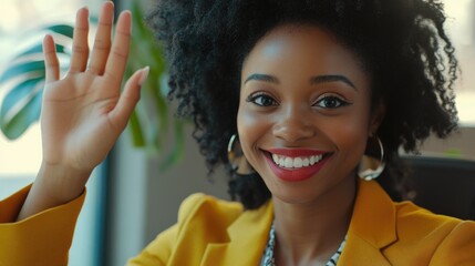 Wall Mural - Professional Woman Smiling and Raising Hand for Photo