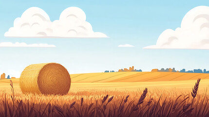 Aufkleber - Scenic harvested straw field with hay bale agriculture landscape copy space
