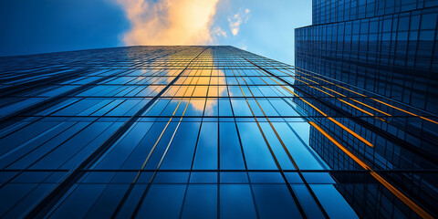 Aufkleber - Modern glass skyscrapers reflecting golden clouds at sunset in a big city
