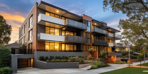 Poster - Modern apartment building with balconies at dusk in suburban neighborhood