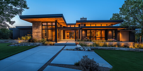 Poster - Modern luxury home exterior with illuminated windows at dusk