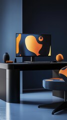 Fototapete - A sleek modern workspace featuring a dark desk with a large monitor displaying a vibrant abstract wallpaper. ergonomic chair and accessories in navy and orange provide a contemporary and functional