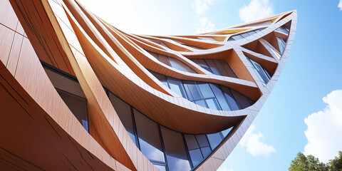 Poster - Modern wooden skyscraper rising into the blue sky