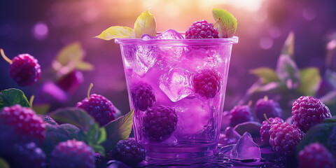 Poster - Refreshing purple raspberry juice with ice cubes and mint leaves at sunset