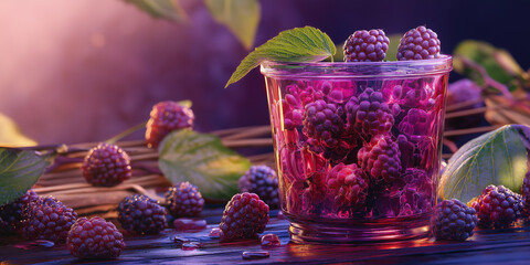 Aufkleber - Fresh blackberries filling a glass with leaves on a wooden table at sunset