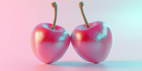 Poster - Two glossy cherries touching under neon lights representing love and romance
