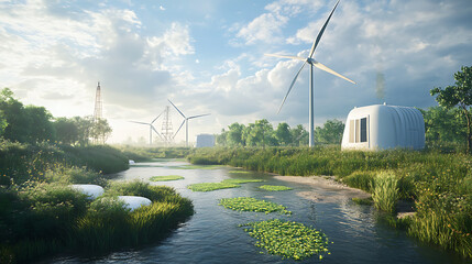 Poster - windmill turbines in natural field generating green hydrogen from air and water sustainable nitrogen