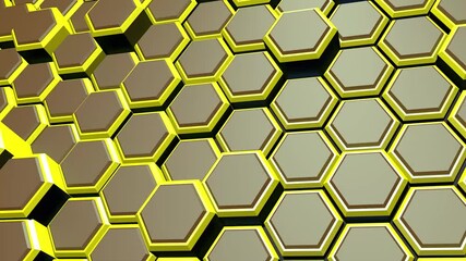 Poster - Yellow and gray hexagonal grid animation with 3D effect, creating a futuristic texture.