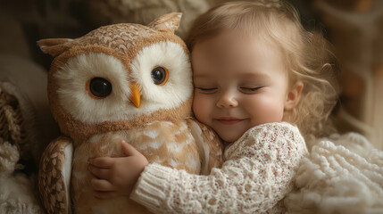 Canvas Print - little blonde baby is holding an owl plush doll sleeping on his bed 