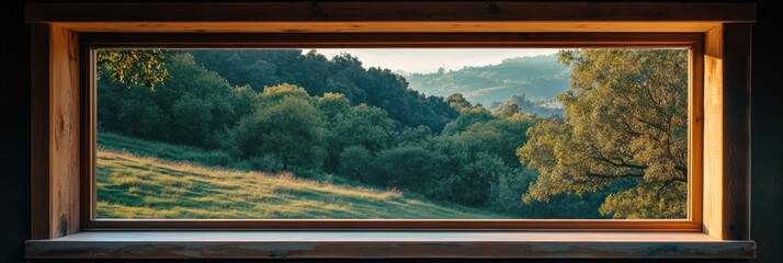 Poster - The window offers a picturesque view of rolling green hills and dense trees under a tranquil sky at dusk. Generative AI