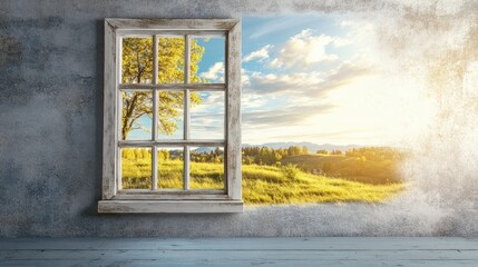 Poster - The rustic window frames a bright natural landscape with trees and a sunlit sky, set against a simple, empty background. Generative AI