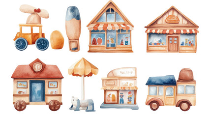 Poster - Watercolor Toy Shops and Vehicles on White Background Generative AI