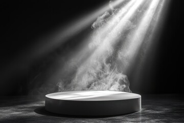Poster - A Circular Platform With Smoke and Light Streaks Against a Dark Background