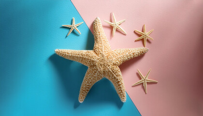 Wall Mural - Beautiful sea stars or starfish, isolated on a soft blue and Pink Pastel