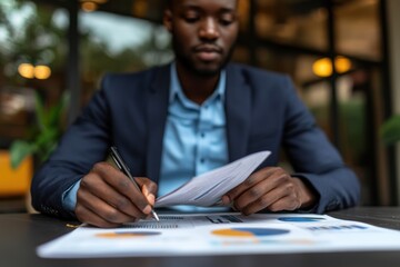 Poster - A businessman reviewing financial data in a cafe.