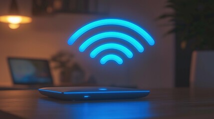 Poster - A Blue Wireless Signal Icon Hovering Above a Modern Router