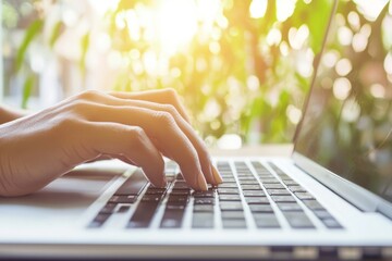 Poster - Close-up of Hands Typing on a Laptop Keyboard with a Natural Background