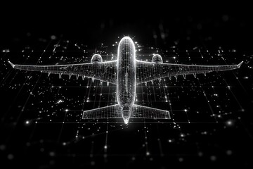 Poster - Wireframe Airplane with Light Streaks and White Dots on a Black Background