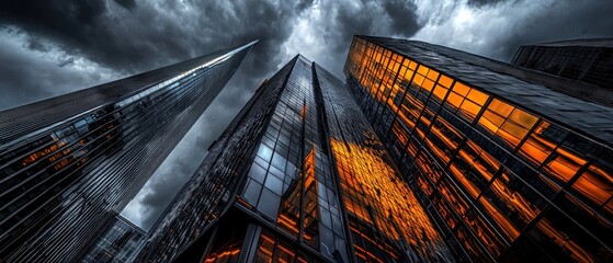 Aufkleber - A Low Angle View of Modern Glass Skyscrapers Against a Cloudy Sky
