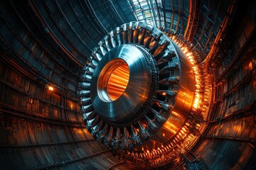 Poster - Close-up view of a glowing, metal-plated engine turbine