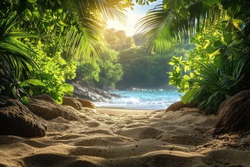 Poster - Lush Tropical Foliage Framing a Sandy Beach and Blue Ocean