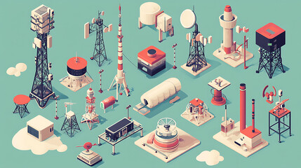 Poster - A 3D isometric flat vector set featuring various telecom towers and radio communication structures