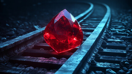 Poster - A conceptual image depicting Ruby on Rails programming with a red gemstone symbolizing Ruby and train tracks representing the Rails framework, illustrating the dynamic nature of web development