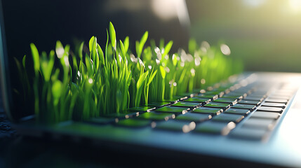 Poster - A laptop with vibrant green grass sprouting from its keyboard, symbolizing sustainable and ecological work practices
