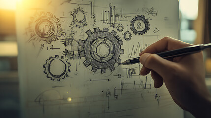 Aufkleber - A hand-drawn doodle illustrating a machine with gears, symbolizing the concept of functions in programming, This visual metaphor captures the mechanical precision and logic of coding functions