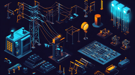 Fototapete - A set of electric power objects, including an isometric vector illustration of a high voltage electricity power transmission grid