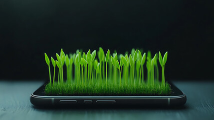 Fototapete - A smartphone screen displaying green grass arrows sprouting upwards, symbolizing growth and sustainability in business, Ideal for themes of eco-friendly technology and green business initiatives