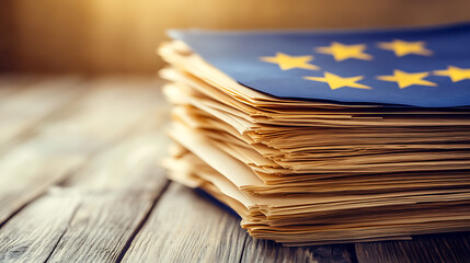 Aufkleber - A stack of documentation on a wooden table with written AI regulation, highlighting EU laws and policies aimed at ensuring AI safety and ethical standards in technology development