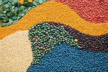 Poster - A vibrant arrangement of colorful beans, lentils, and seeds creates a stunning abstract pattern, highlighting various shapes and textures. Generative AI