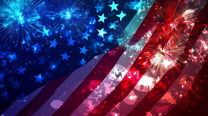 Poster - A vibrant display of red, white and blue fireworks illuminating the night sky during an american celebration event