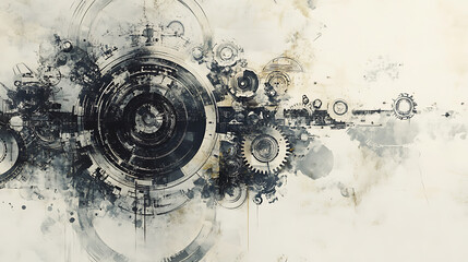Poster - Abstract background with gears and technological elements, gray color on white paper