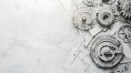 Poster - Abstract background with gears and technology elements in gray color on white paper