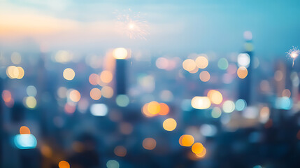 Poster - Abstract blurred city background with fireworks in the sky celebration concept banner design