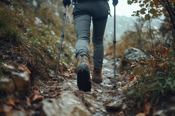 hiker woman using trekking poles while climbing steep mountain trail