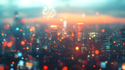 Poster - Abstract blurred city background with fireworks in the sky celebration concept banner design