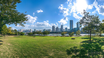 Poster - A wide-angle shot of an urban park with skyscrapers in the background, including Seoul's Strange Tower building and Han River