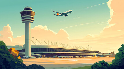 Poster - An illustration of the Changi Airport control tower, highlighting its modern architecture and importance in the aviation industry, travel, and tourism sectors