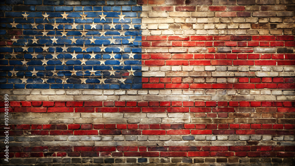 American flag painted on a brick wall with a textured background Stock ...
