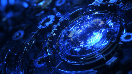 Poster - Abstract blue digital technology background with gears and cogs, dark blue banner for web design
