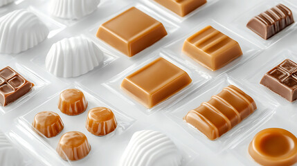 Aufkleber - Candy packaging, realistically shown as blank white mockups for branding design, with isolated caramel candies and chocolate bars in plastic wrap