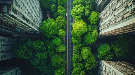 Aufkleber - a vibrant green expanse of trees thrives between towering buildings, showcasing nature's resilience 