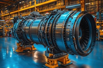 Poster - Close-up of a Large Jet Engine in an Industrial Setting